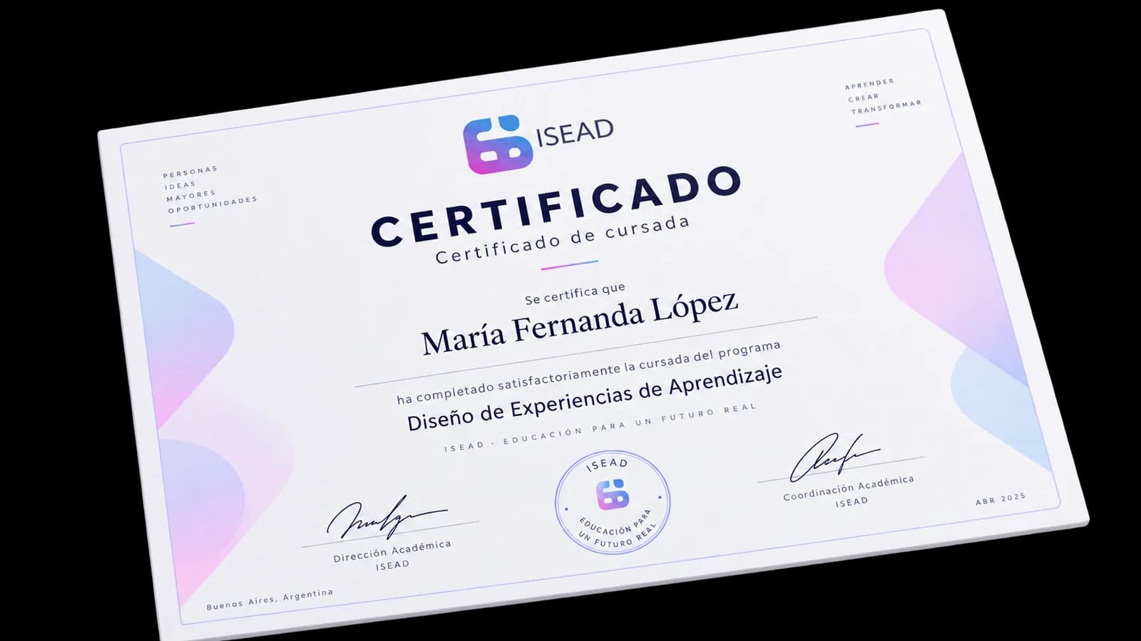 Certificado de cursada emitido por ISEAD.