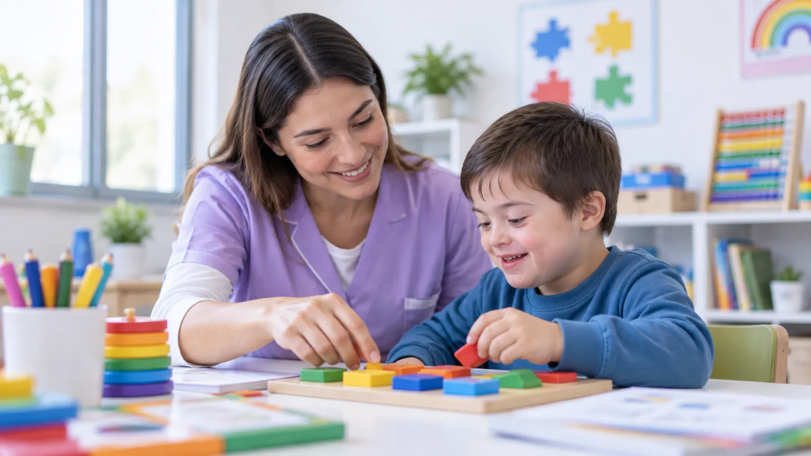 Profesional acompañando a un niño durante una actividad educativa inclusiva.