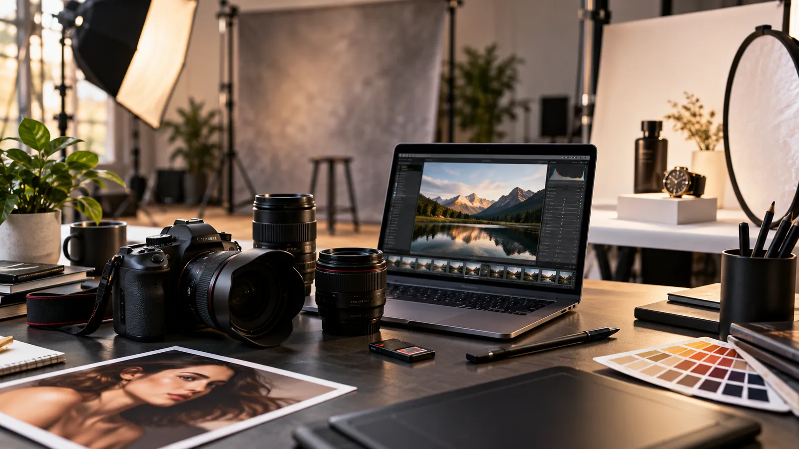 Cámara profesional, objetivos y computadora en estudio fotográfico.