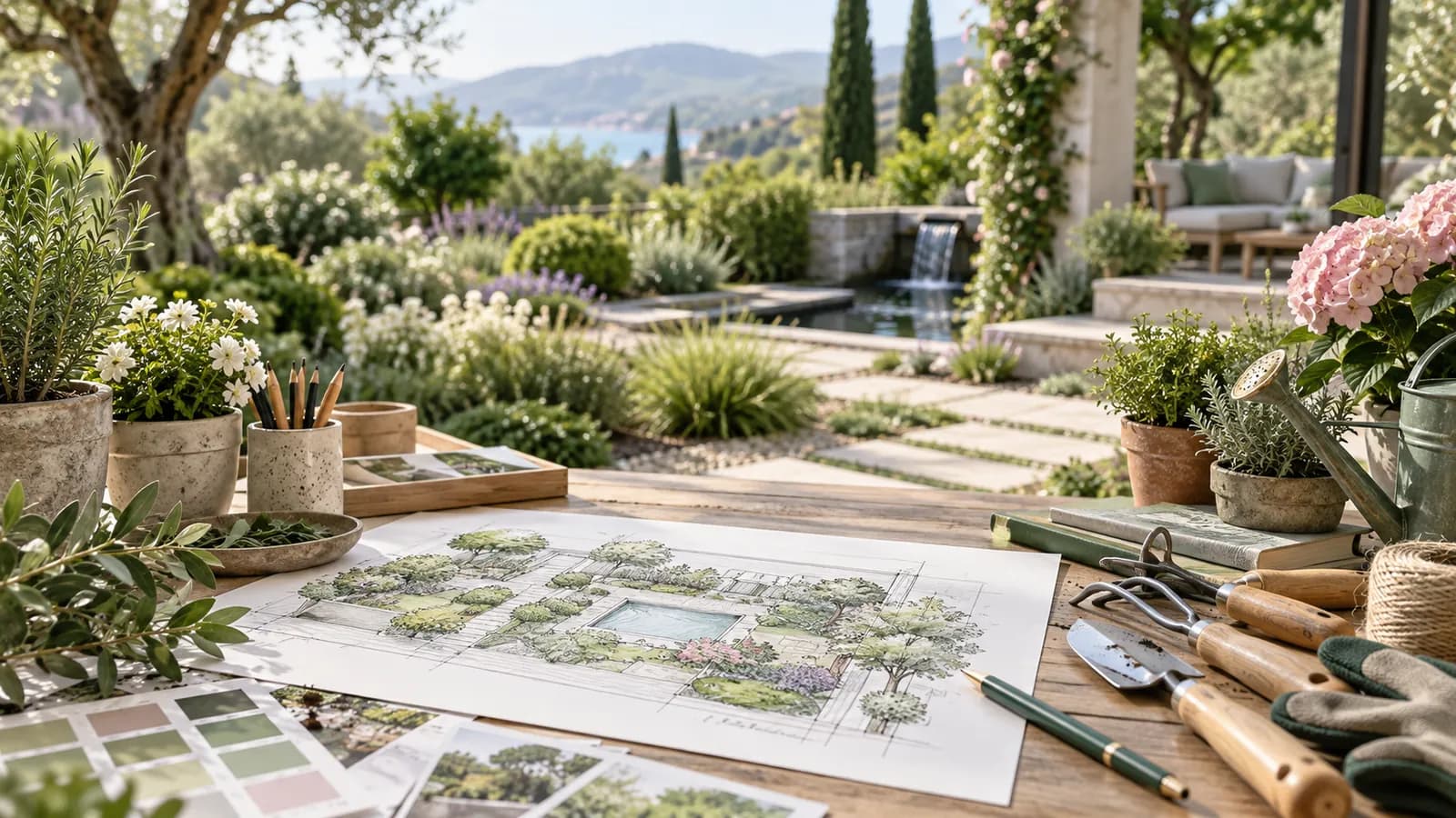 Proyecto de paisajismo y diseño de jardín sobre mesa de trabajo.